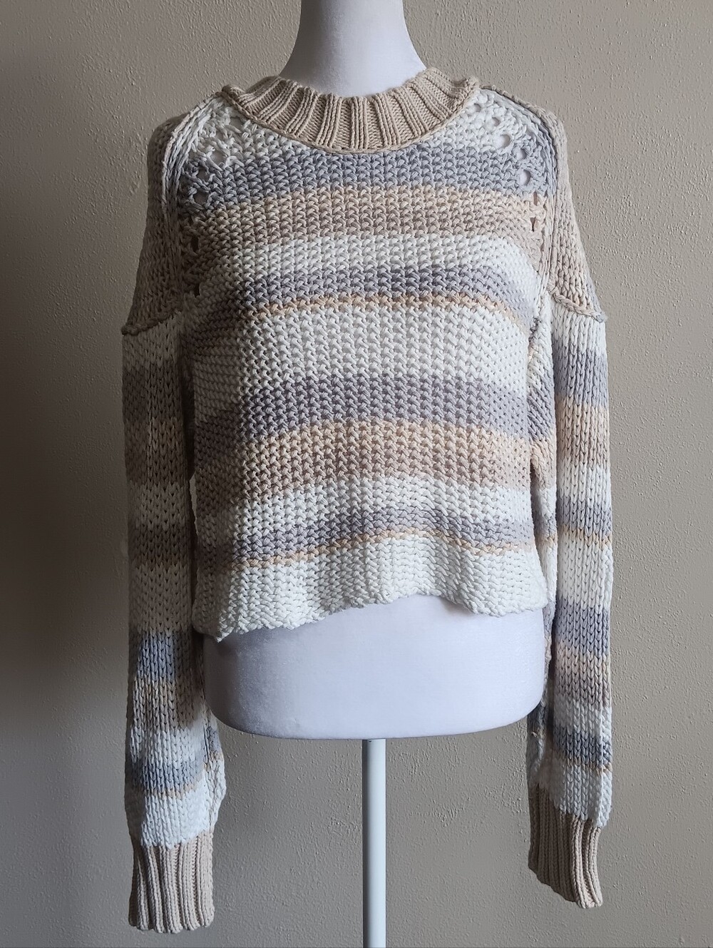 Free People Loose Knit Striped Crewneck Sweater in Cream & Tan Size Small